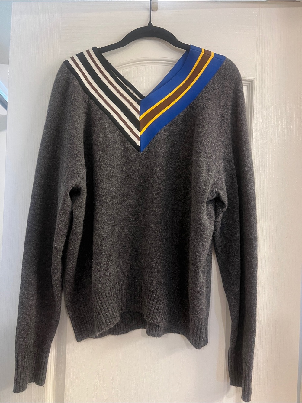 Charcoal V‑Neck Sweater with Striped Contrast Trim